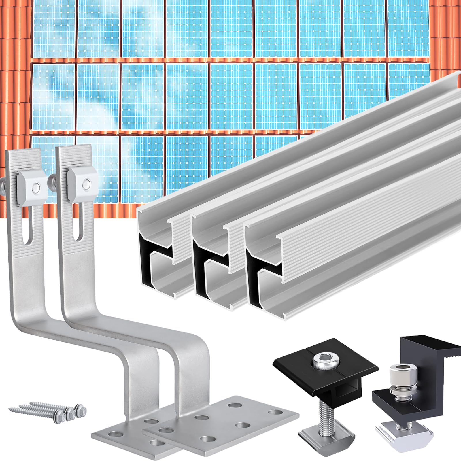 Warmfay Photovoltaik Halterung Ziegeldach Set, PV Befestigung Ziegeldach mit Schiene Dachhaken Schwarze Klemme für 4 Solarpanel, Alu Solarmodul Halterung Ziegeldach Unterstützung 30MM Dicke Modul von Warmfay