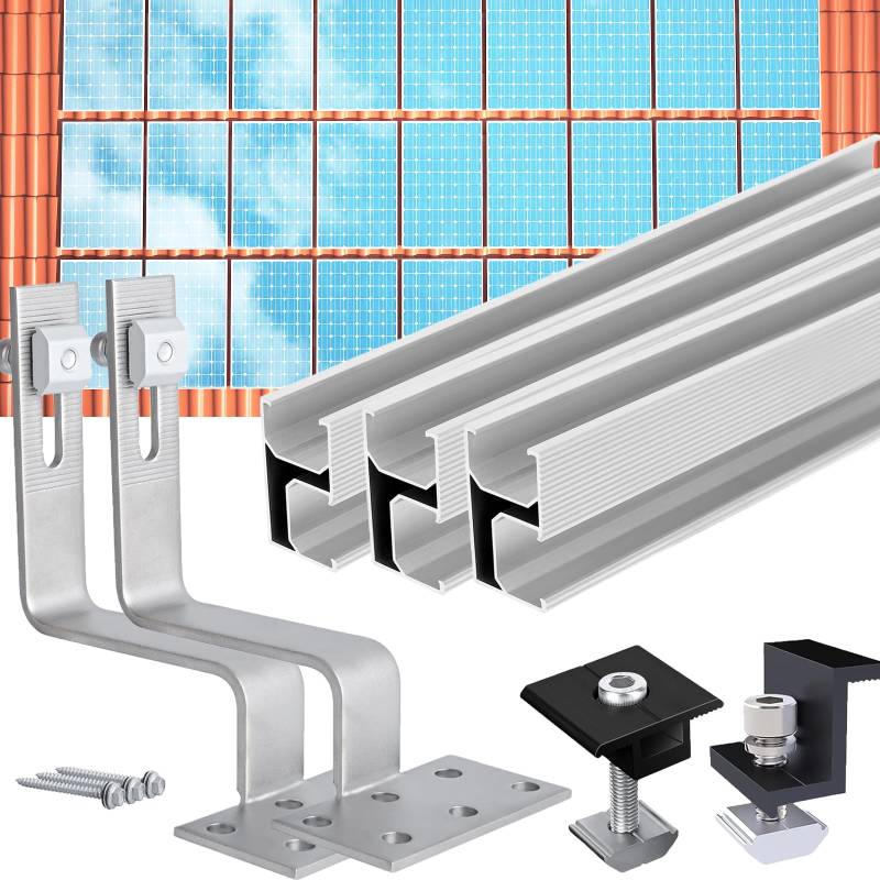 Warmfay Photovoltaik Halterung Ziegeldach Set, PV Befestigung Ziegeldach mit Schiene Dachhaken Schwarze Klemme für 4 Solarpanel, Alu Solarmodul Halterung Ziegeldach Unterstützung 40MM Dicke Modul von Warmfay