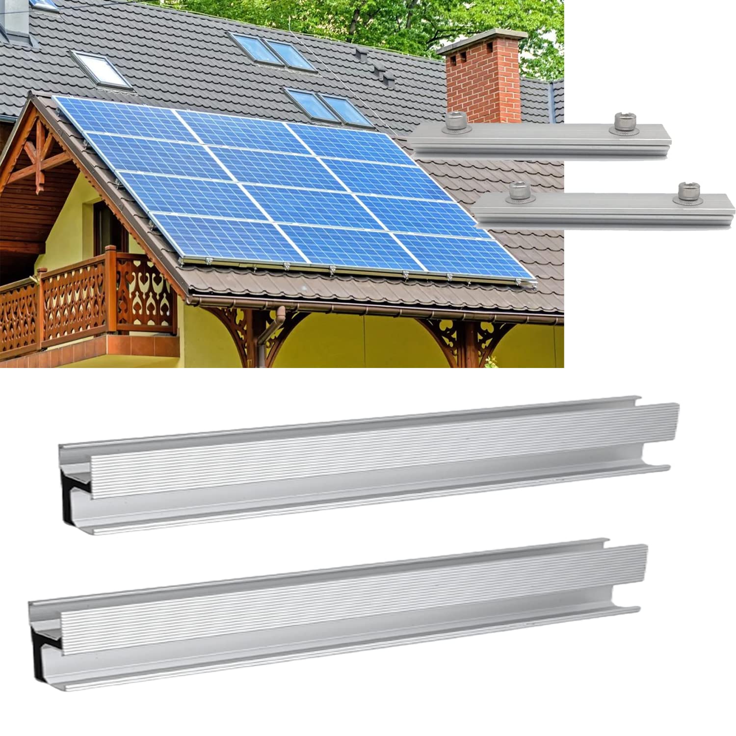 Warmfay Solarmodul Halterung Aluprofil,4 X1150mm Montageschiene,2 X Profilverbinder,PV-Modul Montageset,Dachhaken Photovoltaik Dachziegel von Warmfay