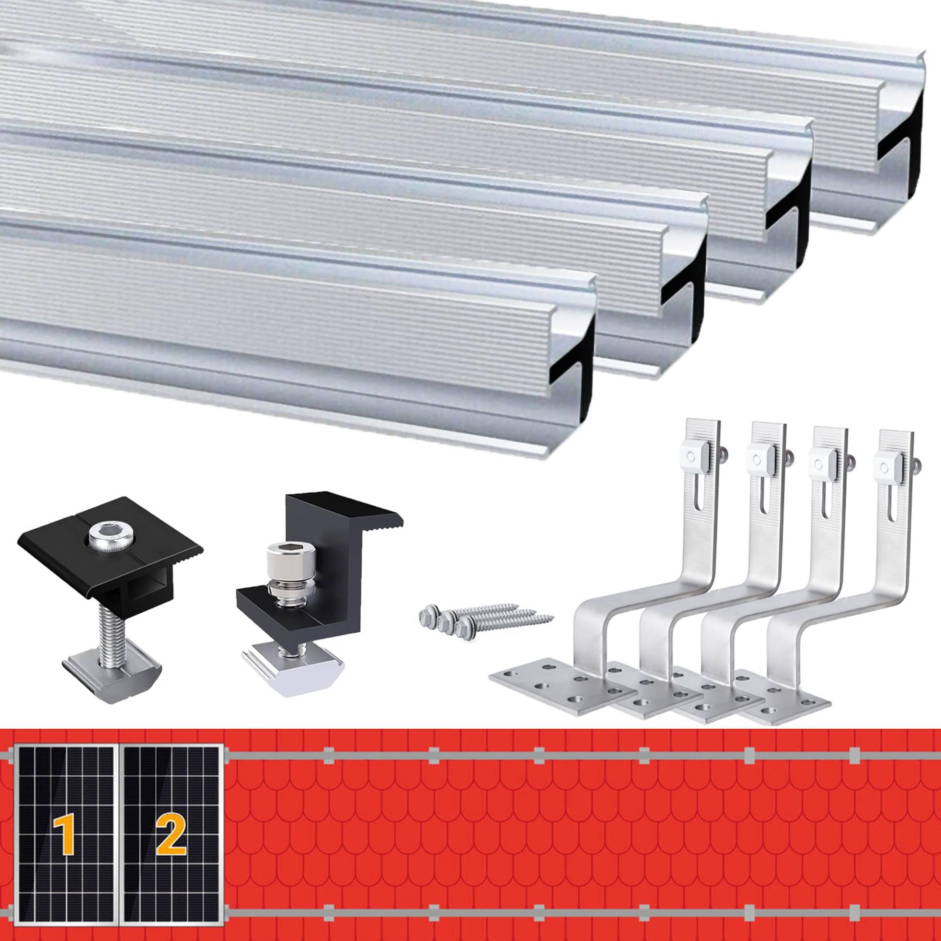 Warmfay Solarmodul Halterung Ziegeldach Set, Alu Photovoltaik Montageschiene 1150MM, Schwarz Klemme für 30MM Dicke Module, Dachhaken Solarmodul Ziegeldach, PV Montageset Ziegeldach 2 Module von Warmfay