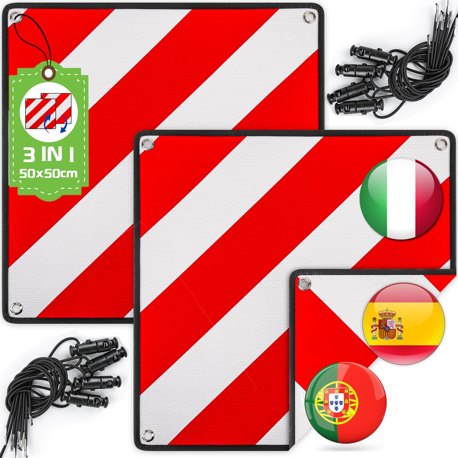 Warmfay Warntafel für Italien Spanien Portugal Fahrradträger, 3 In 1 Alu Rot Weiß Reflektierend Warnschild 50x50CM mit Spannseile, Zertifizierte für Fahrradträger Heckträger Auto Wohnmobil (2 Stück) von Warmfay