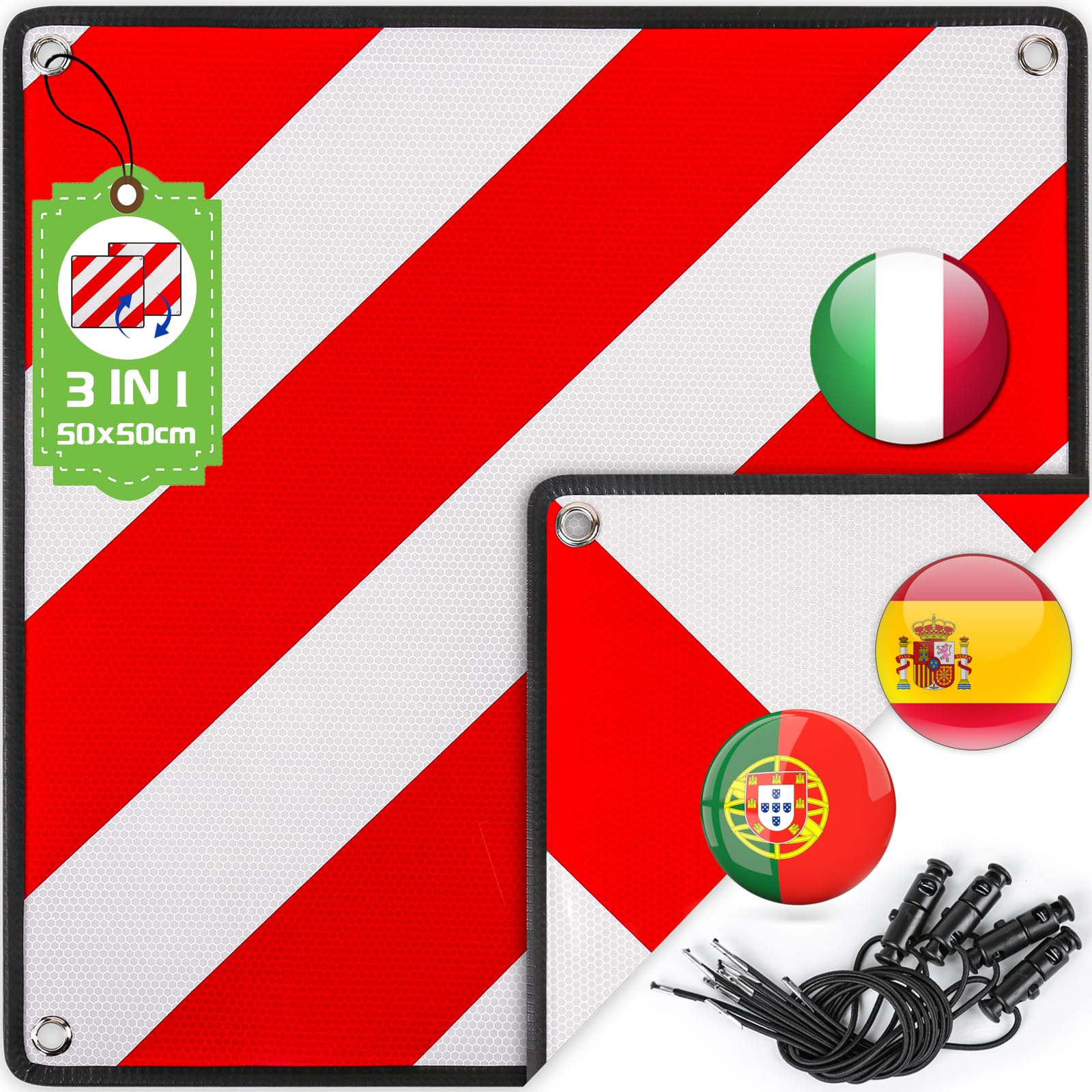 Warmfay Warntafel für Italien Spanien und Portugal Fahrradträger, 3 In 1 Alu Rot Weiß Reflektierend Warnschild 50x50CM mit 4X Spannseile, Zertifizierte für Fahrradträger Heckträger Auto Wohnmobil von Warmfay