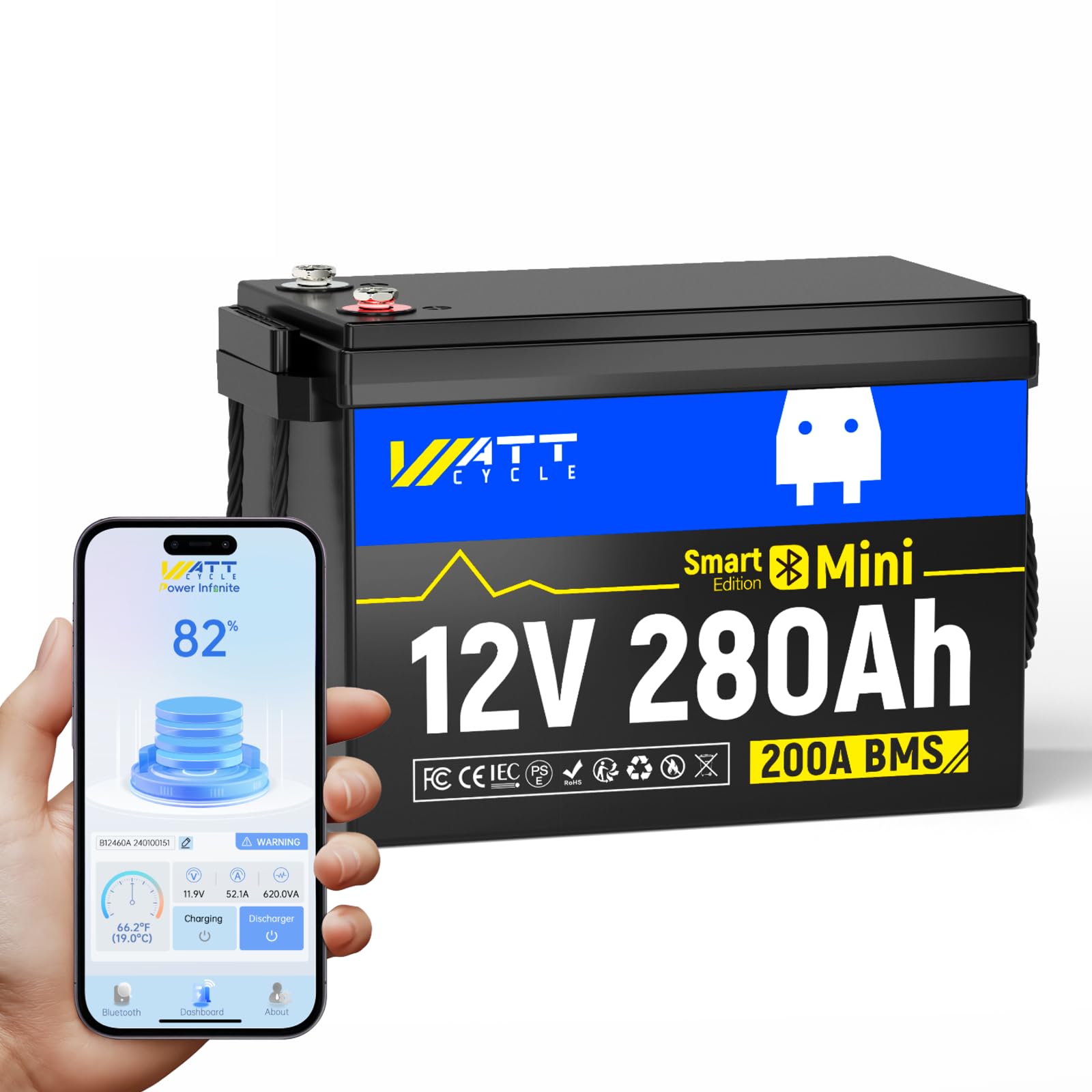 12V 280Ah LiFePO4 Lithium-Bluetooth-Deep-Cycle-Batterie im Mini-Format, integriertem 200A BMS, Untertemperaturschutz, über 15.000 Zyklen, ideal für Wohnmobile, Solarspeicher, Schiffe, Trolling-Motoren von Wattcycle