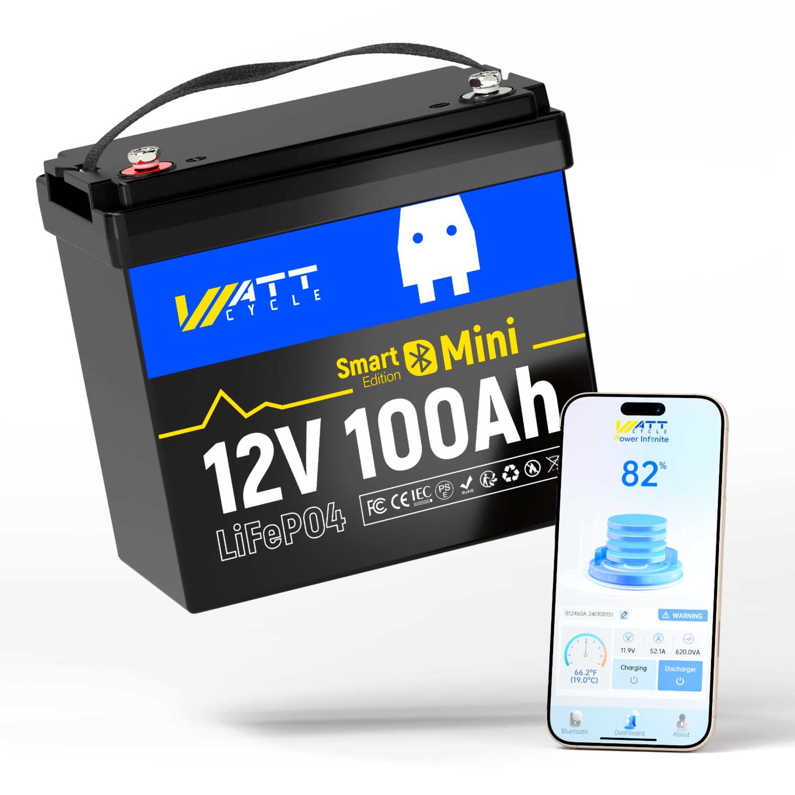 WattCycle 12V 100Ah LiFePO4 Lithiumbatterie mit Bluetooth, 12V Mini Batterie 100A Smart BMS, Unterstützung der Batterieüberwachung über Bluetooth-App, 15000 Tiefentladezyklen von Wattcycle