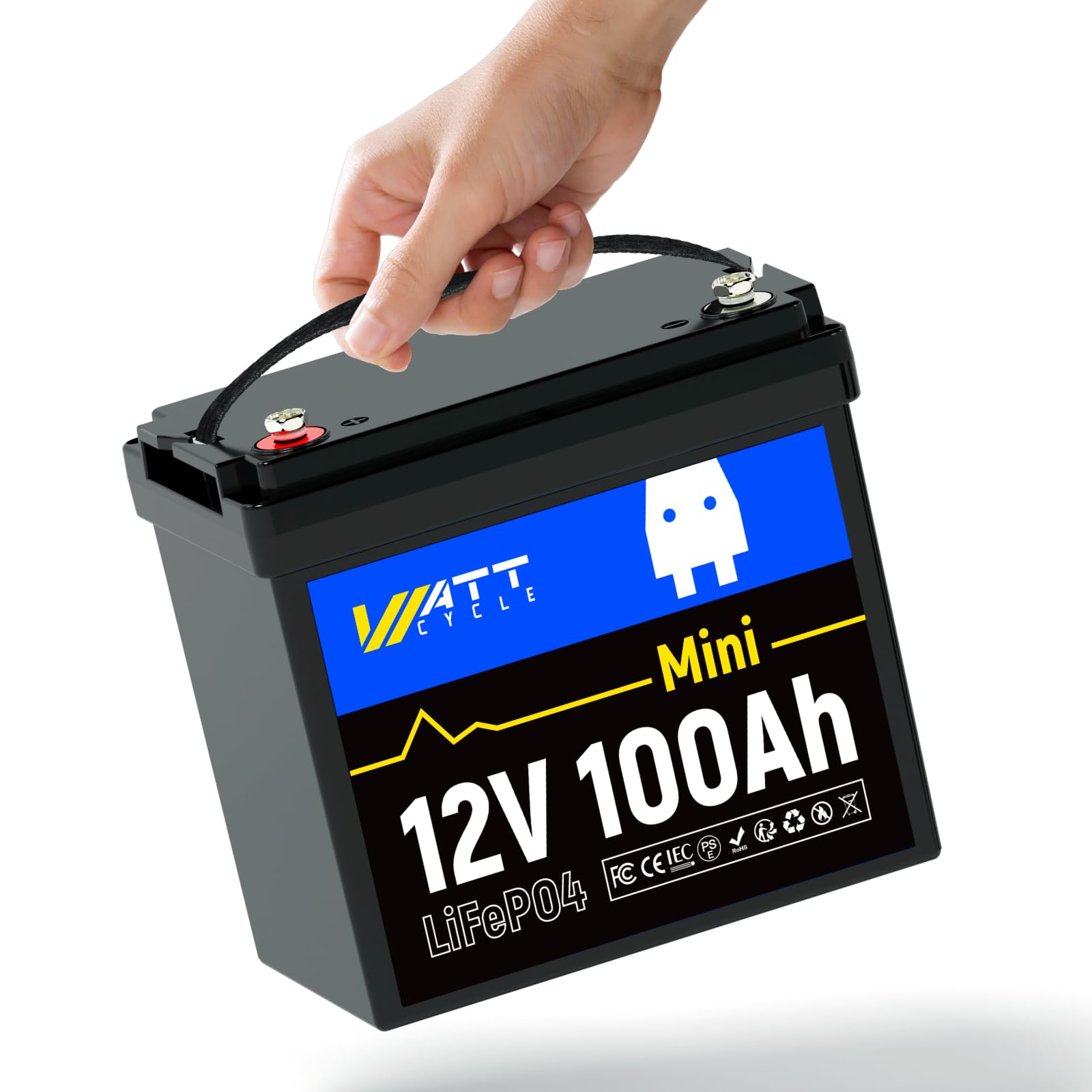 Wattcycle 12V 100Ah LiFePO4 Batterie Mini 8.2*9*5.4in, 100A BMS, Niedrigtemperaturschutz, 15.000 Tiefenzyklen Und 1280Wh Kapazität – Ideal Für Heimenergiespeicher, Golfwagen, Wohnmobile, Solarsysteme von Wattcycle