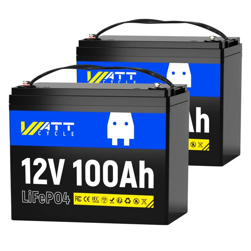 Wattcycle 12V 100Ah LiFePO4 Lithium Batterie - BCI Gruppe 24, 15.000 Zyklen, Eingebautes 100A BMS, Niedrigtemperaturschutz 2PACK von Wattcycle