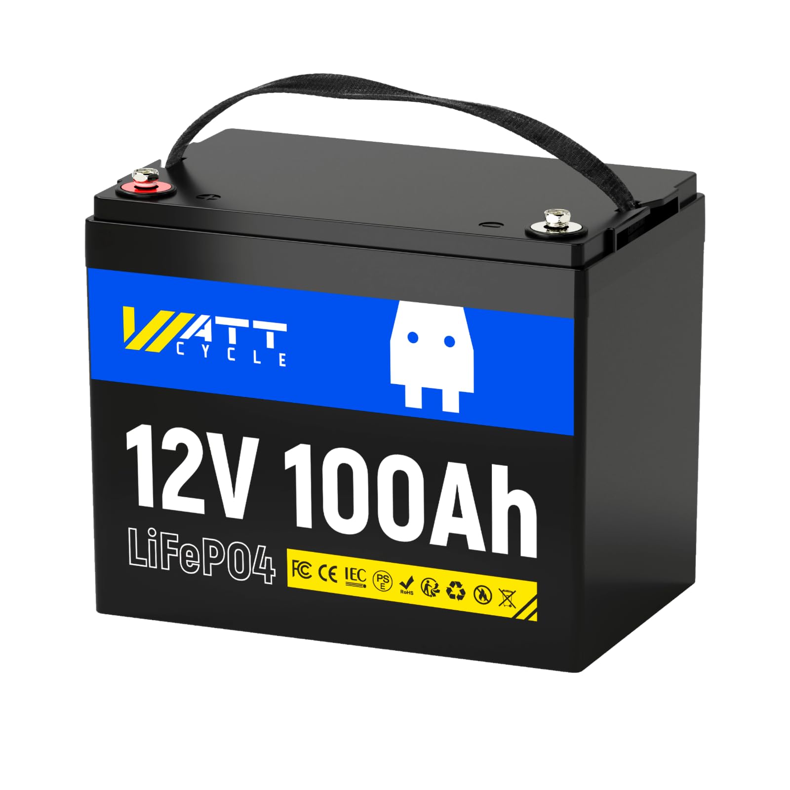 Wattcycle 12V 100Ah LiFePO4 Lithium Batterie - BCI Gruppe 24, 15.000 Zyklen, Eingebautes 100A BMS, Niedrigtemperaturschutz von Wattcycle