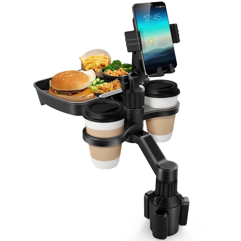 Getränkehalter Auto Tisch Tablett, 360° Drehung erweiterbar Basis Dual Cup Holder Tray Tisch mit Telefon Slot, verstellbaren Arm Cup Holder Tisch für Auto, Allzweck-Cup Holder für Auto von Wechoide