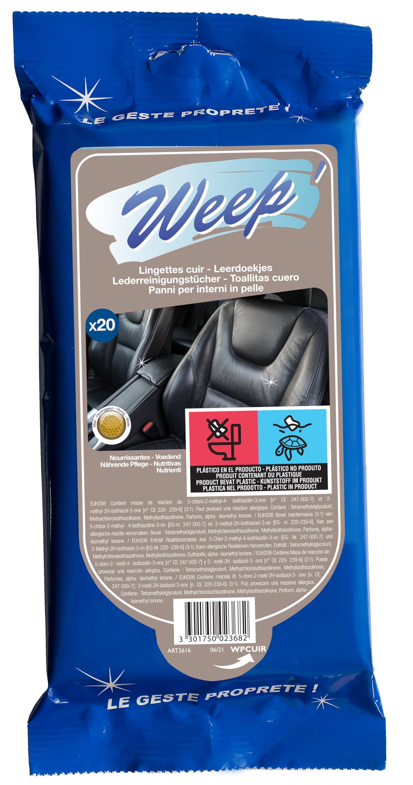 Weep Lederreinigungs- und Erfrischungstücher mit Honigduft (20er-Pack) von Weep