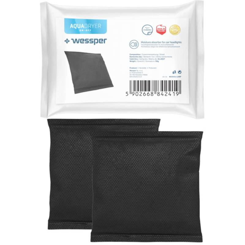 Wessper AQUADRYER ON-Off 2X Auto-Entfeuchter | Schwarz, Kleines Entfeuchter Kissen (2x50 g) Entfeuchter Gegen Beschlagene Scheinwerfer | Trockenmittel aus Naturgranulat Autoinnenraum und Scheinwerfer von Wessper