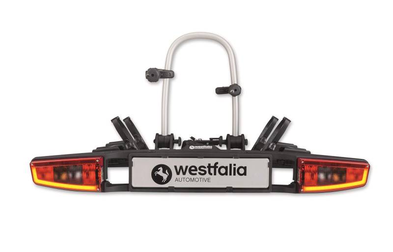 Westfalia Bikelander Fahrradträger für die Anhängerkupplung | Kupplungsträger für 2 Fahrräder | E-Bike geeignet | zusammenklappbar | LED-Hybrid-Leuchten, Schwarz,Silber von Westfalia Automotive