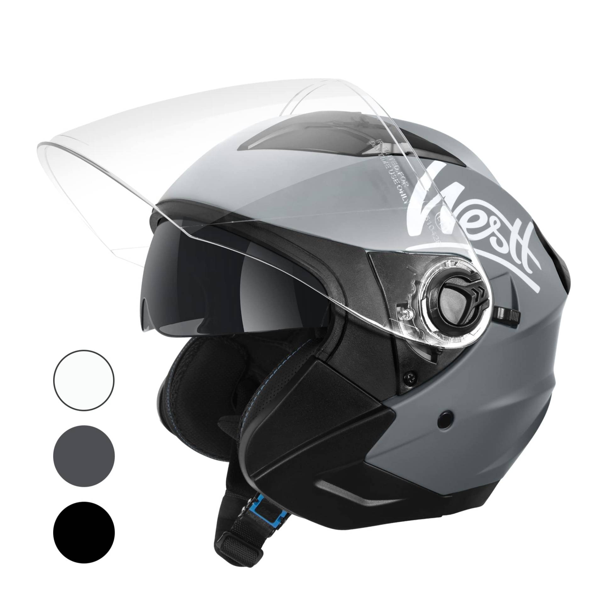 Westt Jethelm mit Visier und Sonnenblende Motorradhelm Herren Damen Rollerhelm Mopedhelm Mofa Chopper Helm Motorrad Halbhelm Open-Face-Helm Pilotenhelm ECE DOT Zertifiziert von Westt