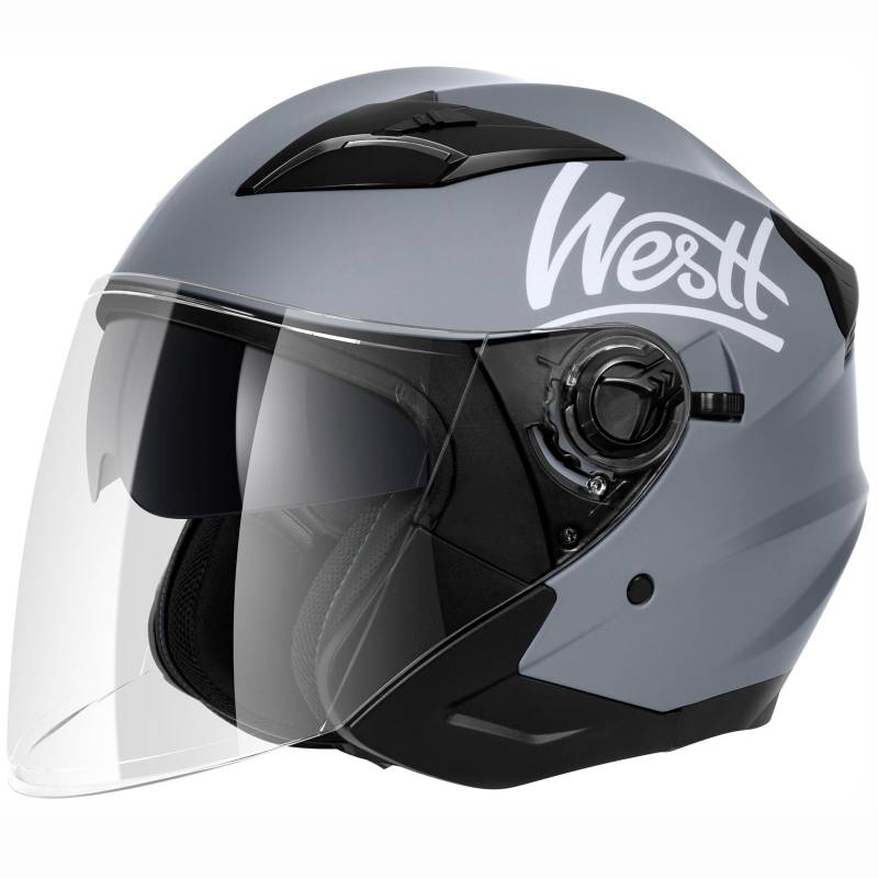 Westt Jethelm mit Visier und Sonnenblende Motorradhelm Herren Damen Rollerhelm Mopedhelm Mofa Chopper Helm Motorrad Halbhelm Open-Face-Helm Pilotenhelm ECE DOT Zertifiziert von Westt