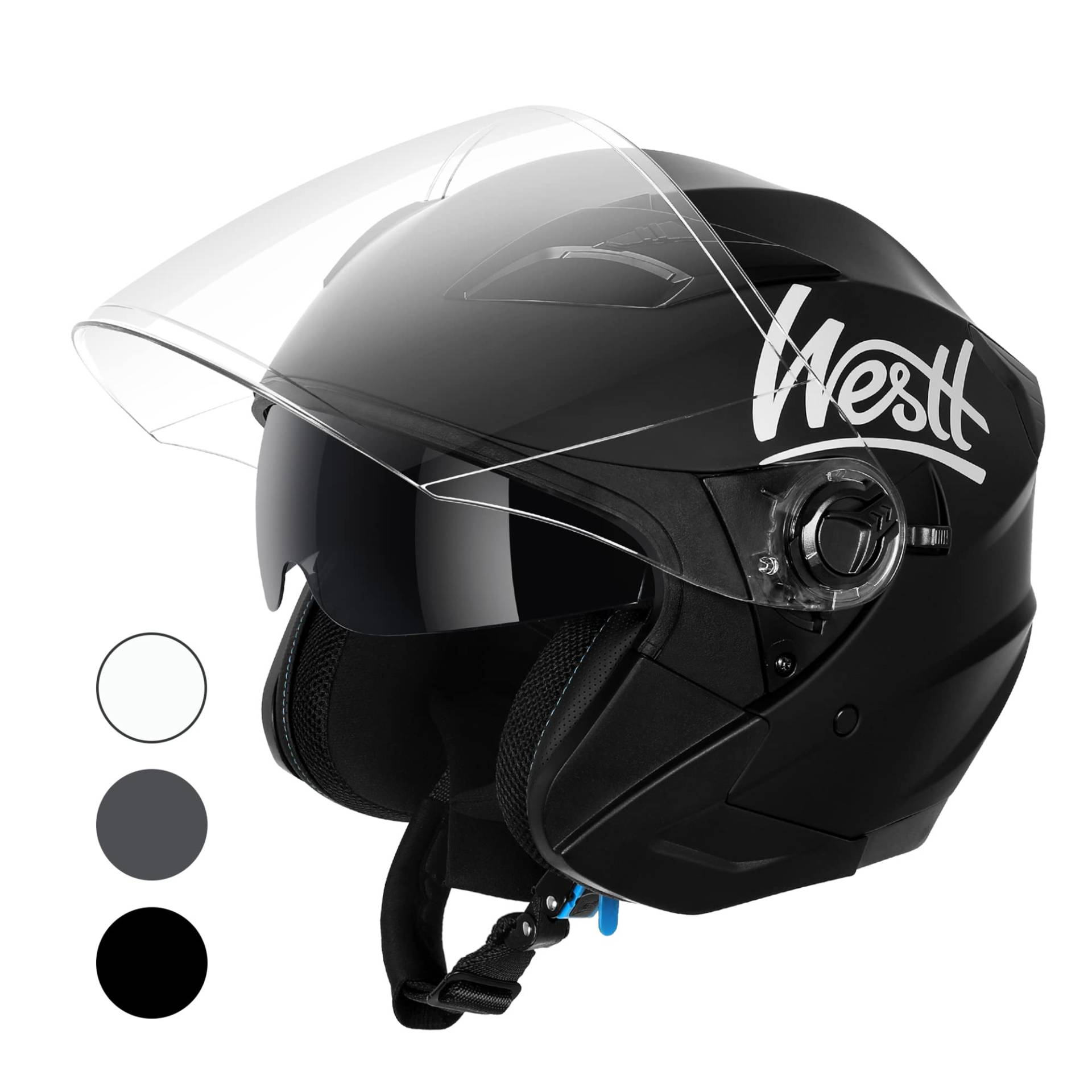 Westt Jethelm mit Visier und Sonnenblende Motorradhelm Herren Damen Rollerhelm Mopedhelm Mofa Chopper Helm Motorrad Halbhelm Open-Face-Helm Pilotenhelm ECE DOT Zertifiziert von Westt