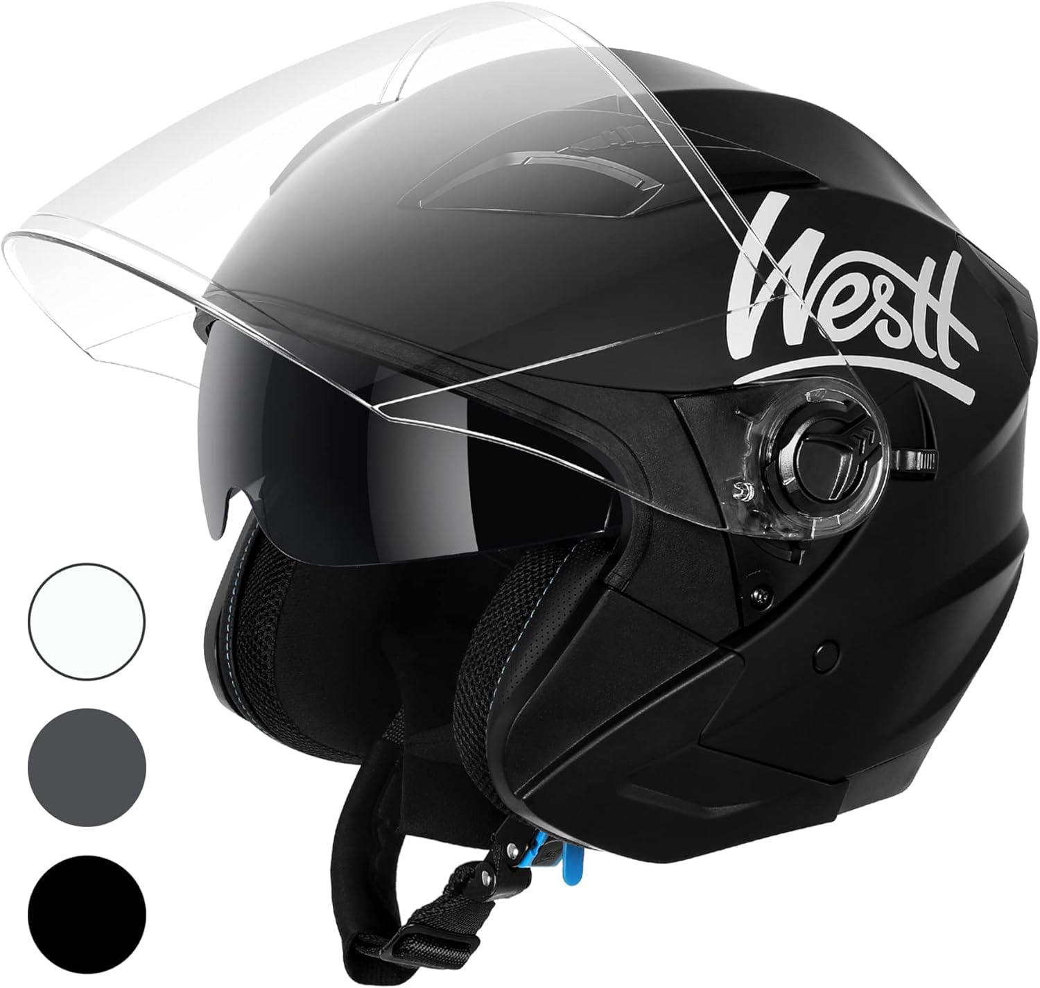 Westt Jethelm mit Visier und Sonnenblende Motorradhelm Herren Damen Rollerhelm Mopedhelm Mofa Chopper Helm Motorrad Halbhelm Open-Face-Helm Pilotenhelm ECE DOT Zertifiziert von Westt