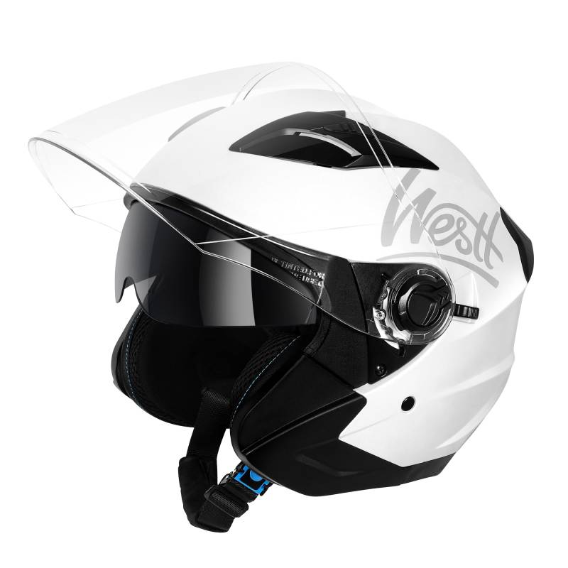 Westt Jethelm mit Visier und Sonnenblende Motorradhelm Herren Damen Rollerhelm Mopedhelm Mofa Chopper Helm Motorrad Halbhelm Open-Face-Helm Pilotenhelm ECE DOT Zertifiziert von Westt