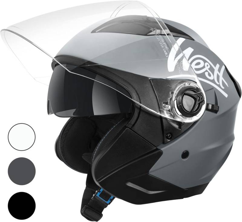 Westt Jethelm mit Visier und Sonnenblende Motorradhelm Herren Damen Rollerhelm Mopedhelm Mofa Chopper Helm Motorrad Halbhelm Open-Face-Helm Pilotenhelm ECE DOT Zertifiziert von Westt