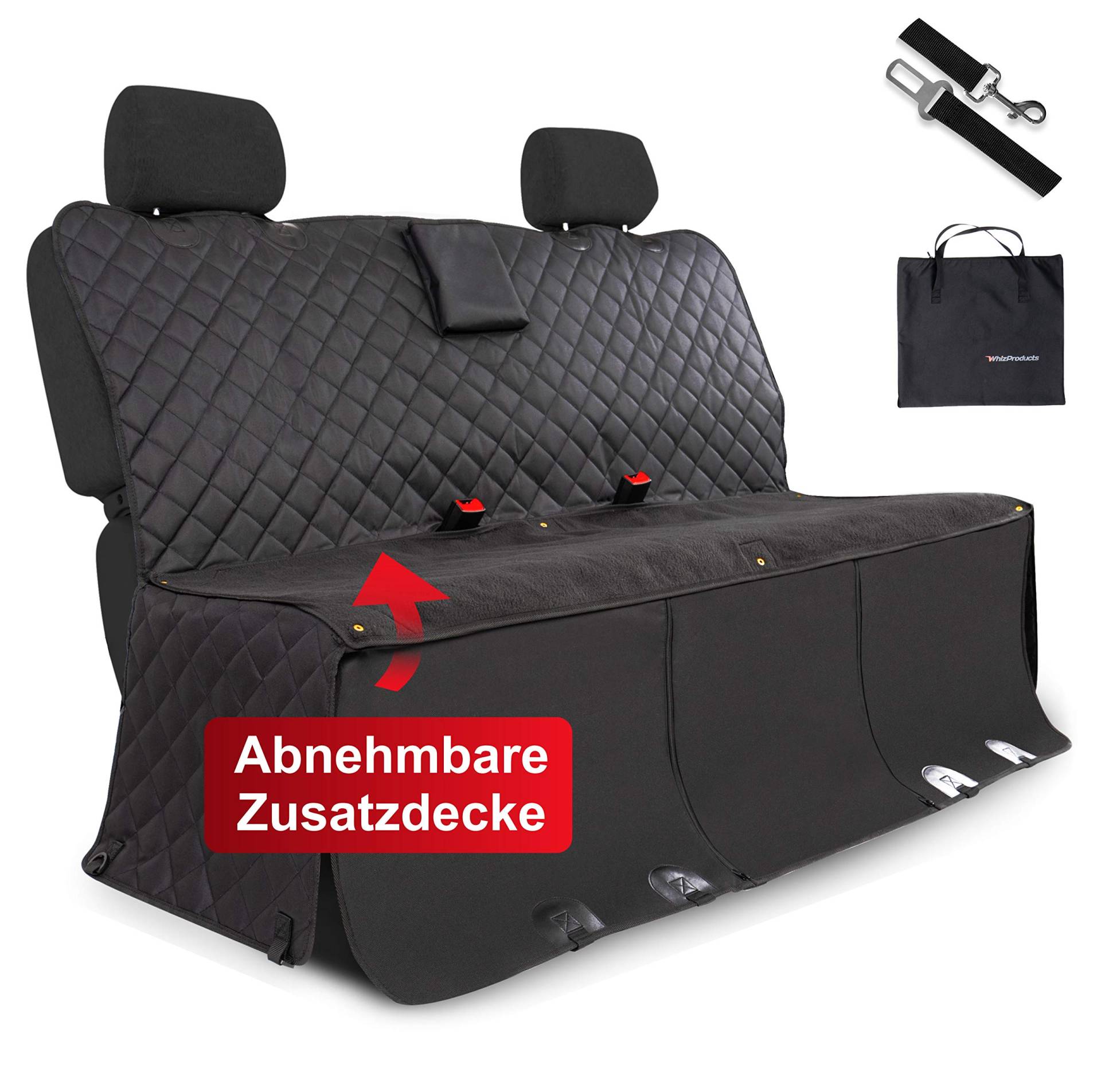 WhizProducts® Hundedecke für Auto Rückbank (mit Zusatz-Decke, Tasche & Sicherheitsgurt) – Wasserabweisende Autoschondecke & Rutschfester Sitzbezug mit Seitenschutz von WhizProducts