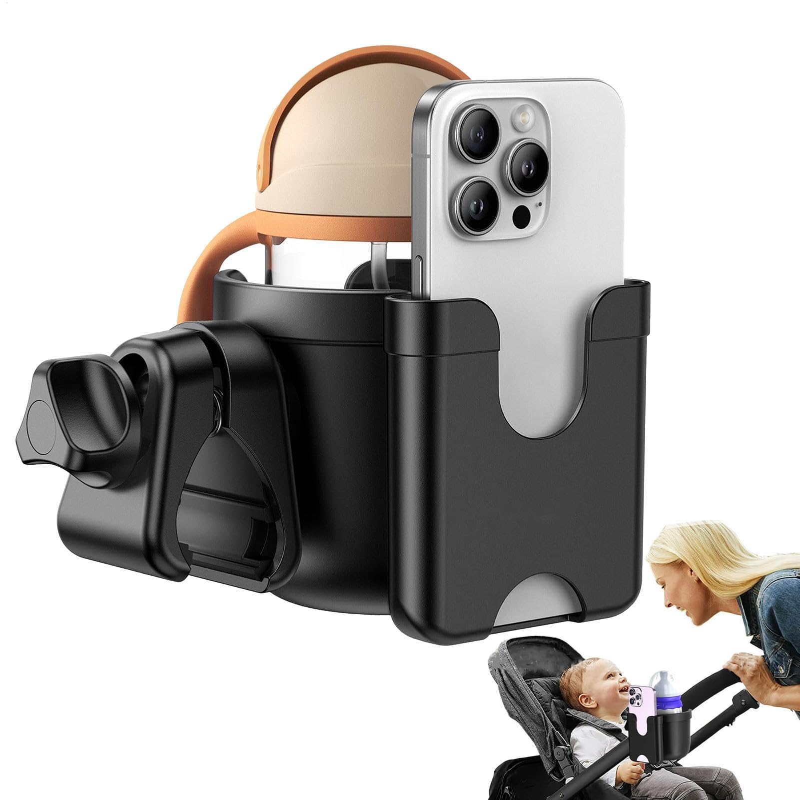 Whrcy Getränkehalter für Kinderwagen, Cup -Halter für Kinderwagen - 360-Grad-Rotatable-Trinkregal für Kinderwagen | Kinderwagenflaschenhalter mit Telefonhalterung für Kinderwagen, Rollstühle von Whrcy