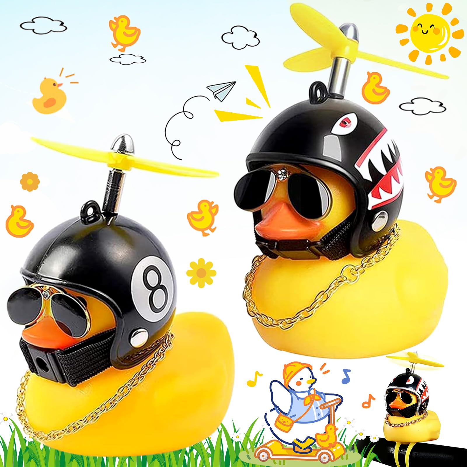 2 Stück Gelbe Ente Auto Ornament, Ente Fahrrad Bell, Gelb Ente mit Propeller Helm Fahrradglocke Fahrradklingel Kinder Tier Ente Nett Klingel Fahrradglocke Dekorationen Ente für Auto Fahrrad von WiDream