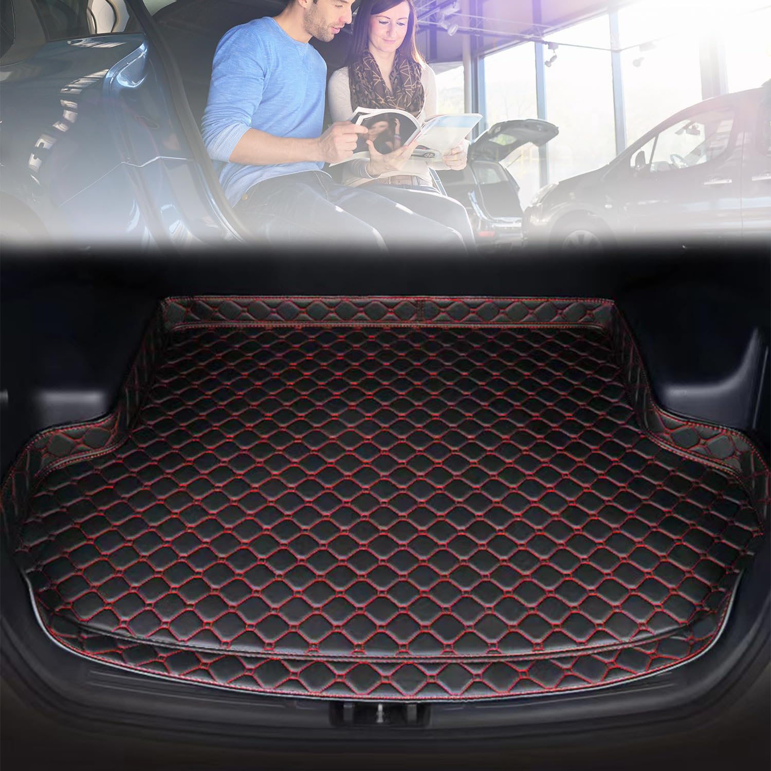 Car Leather Boot Mats für Dodge Challenger 2009-2019, Non-Slip Boot Protection Mat, Boot Liner Carpet Interior Accessories,Black red von WiNwon