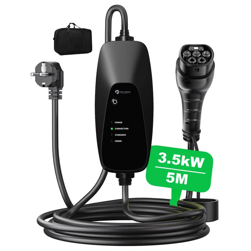 Wiby Ladekabel für Elektroauto Typ 2 [3,6 kW| von 8 A bis 16 A| 5 m] IP65 wasserdicht, EV Ladegerät mit Schuko-Stecker; kompatibel mit Model Y/3, 500e, e-208 und anderen EV/PHEV von Wiby