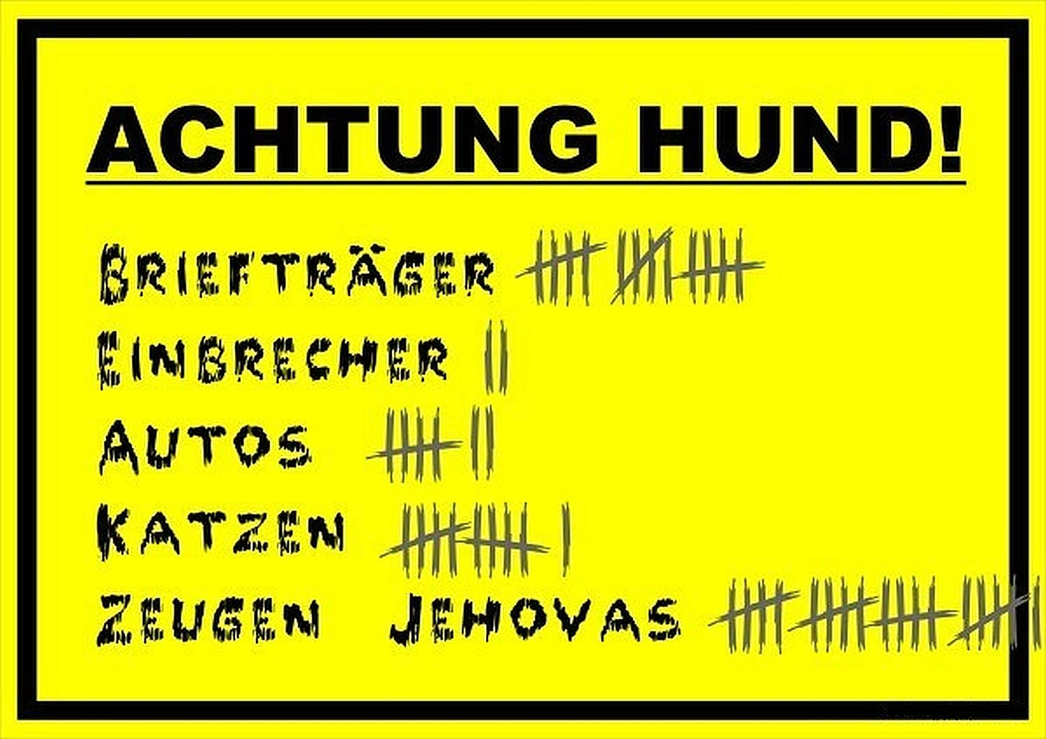 WildeBabsKLBT 2 Stück Achtung Warnung Vorsicht Hund freilaufen bissig Strichliste Briefträger Zeugen Jehovas Einbrecher Katzen S342 11cm Aufkleber-Folie Sticker Hinweisschild Warnschild Warnzeichen von WildeBabsKLBT