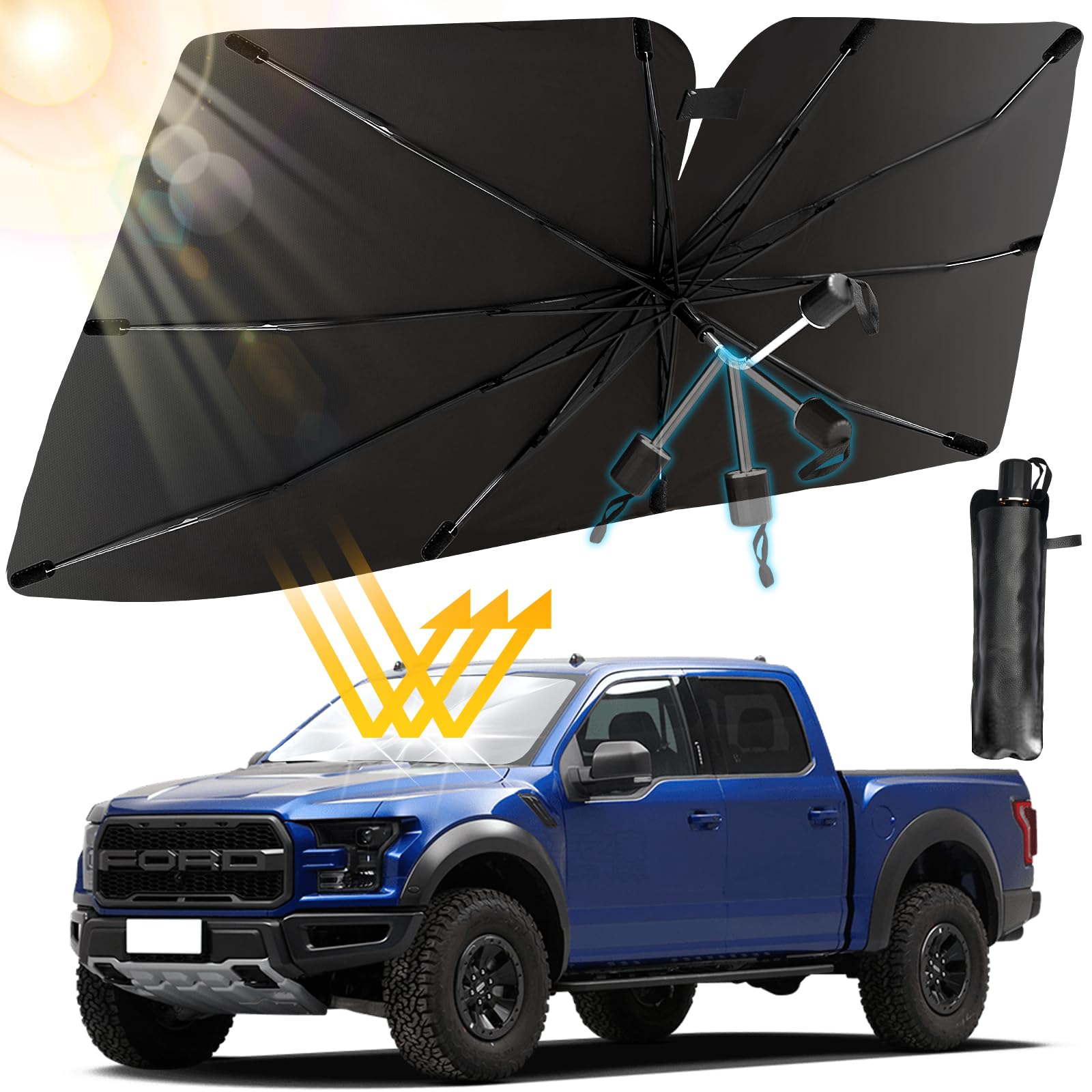 Sonnenschutz Auto Frontscheibe 140*79cm, Frontscheibenabdeckung Innen, Car Umbrella Sun Shade Cover, UV-Schutz & Hitzeblock, 360°Drehbar, Faltbar, Tragbarer Sonnenschutz für die meisten Fahrzeuge SUV von Wilkpow