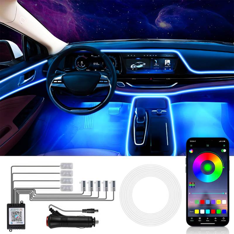 Wilktop led innenbeleuchtung mit APP,2 Zeilen 9 PCS Bunt RGB Auto Led Innenbeleuchtung,Auto-LED-Streifen with Fernsteuerung,Umgebungsbeleuchtung Musik und Fußraumbeleuchtung,12V 6.5M von Wilktop