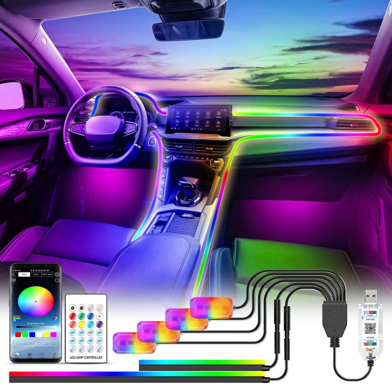 Wilktop LED Innenbeleuchtung Auto USB, Regenbogen RGBic 210 Blinkende Modi，Auto Led Innenbeleuchtung 2 in 1 für Mittelkonsole und 4 Fußraumbeleuchtung, App, Taste und Fernbedienung, Auto led 5V von Wilktop