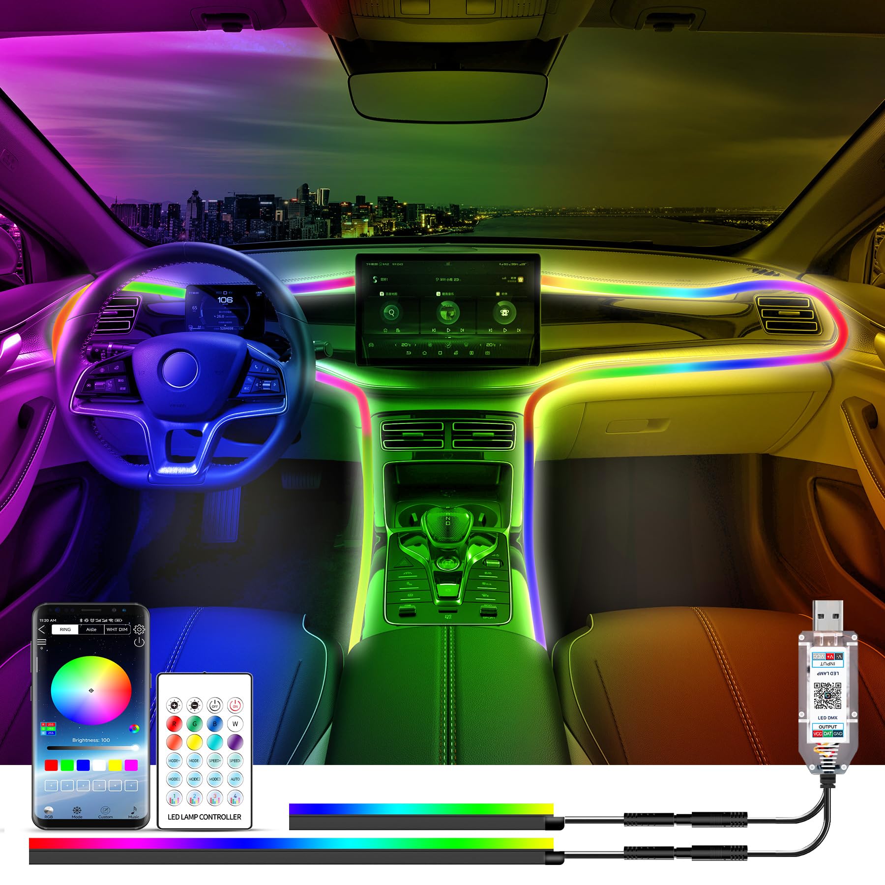 Wilktop Auto Led Innenbeleuchtung mit APP, Regenbogen RGBic 225 Blinkende Modi Auto Innenbeleuchtung, Ambientebeleuchtung Auto mit Fernbedienung, App und Fernsteuerung, USB Auto Led, 5V von Wilktop