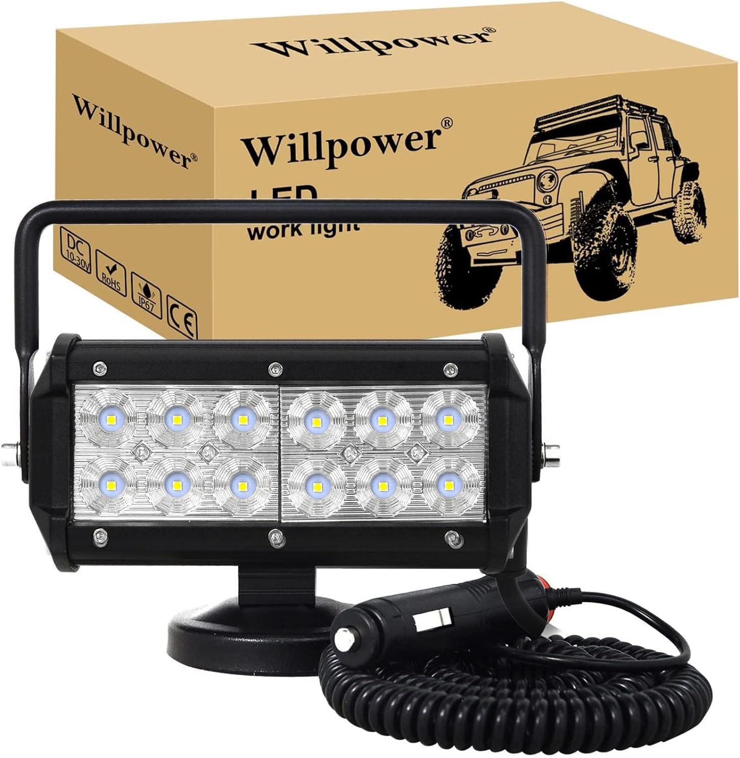 Willpower 1 Pcs LED Arbeitsscheinwerfer mit magnetfuß, 7 Zoll 36W Strahler led fernscheinwerfer, Led Scheinwerfer 12v für Auto Bagger Anhänger Traktoren LKW SUV offroad von Willpower