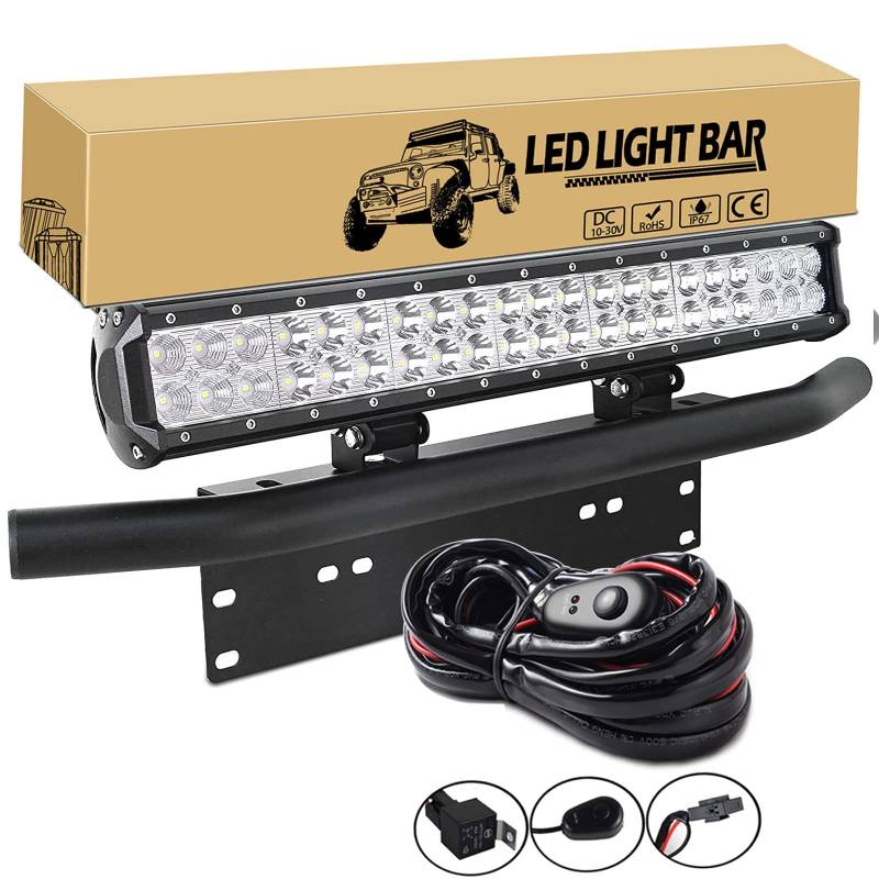 Willpower 126 W 50,8 cm LED-Lichtleiste + 58,4 cm Nummernschildhalter, universelles Aluminium + Kabelbaum-Set, Lichtleiste, Frontstoßstange, Nummernschild-Rahmen für Off-Road-LED-Arbeitslichtleiste von Willpower