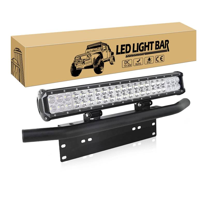 Willpower 126 W 50,8 cm LED-Lichtleiste, Flutpunkt, Kombi-Strahl + 58,4 cm Nummernschildhalter, Universal-Aluminium-Frontstoßstange, Nummernschild-Rahmen für Geländewagen, Traktor, Boot, Auto, ATV von Willpower