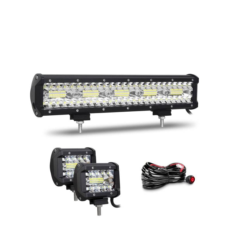 Willpower 15 Zoll 38CM 300W Led Arbeitsscheinwerfer Bar + 4 Zoll 10CM 60W Led Scheinwerfer + Kabelbaum 12V 24V Flutlicht Spot Led Bar für Offroad Auto Traktor Zusatzscheinwerfer Rückfahrscheinwerfer von Willpower