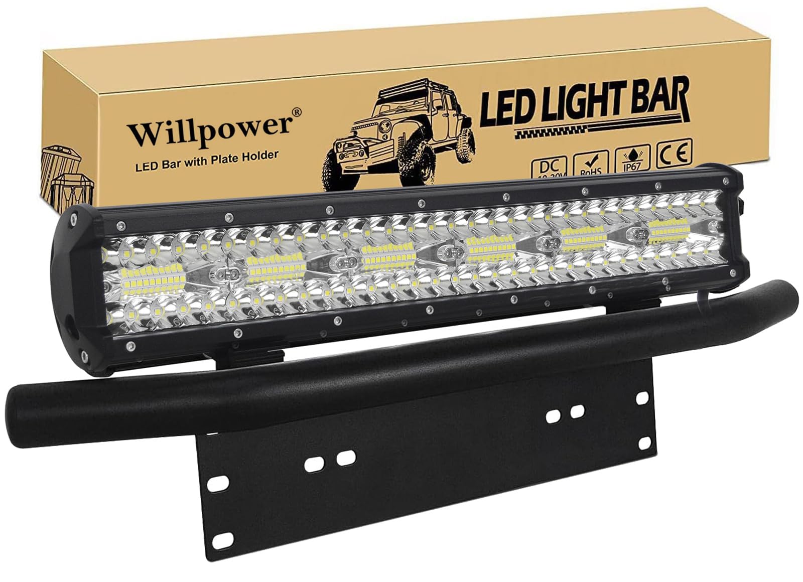 Willpower 17 Zoll 360W LED Arbeitsscheinwerfer Bar mit vorderer Nummernschild-Montagehalterung, Led fernscheinwerfer für Auto Bagger Anhänger Traktoren LKW SUV offroad von Willpower