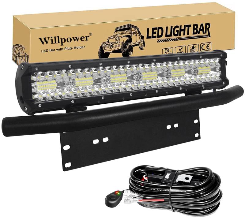 Willpower 17 Zoll 360W LED Arbeitsscheinwerfer Bar mit vorderer Nummernschild-Montagehalterung und Kabelsatz, Led Scheinwerfer 12v für Auto Bagger Anhänger Traktoren LKW SUV Offroad von Willpower