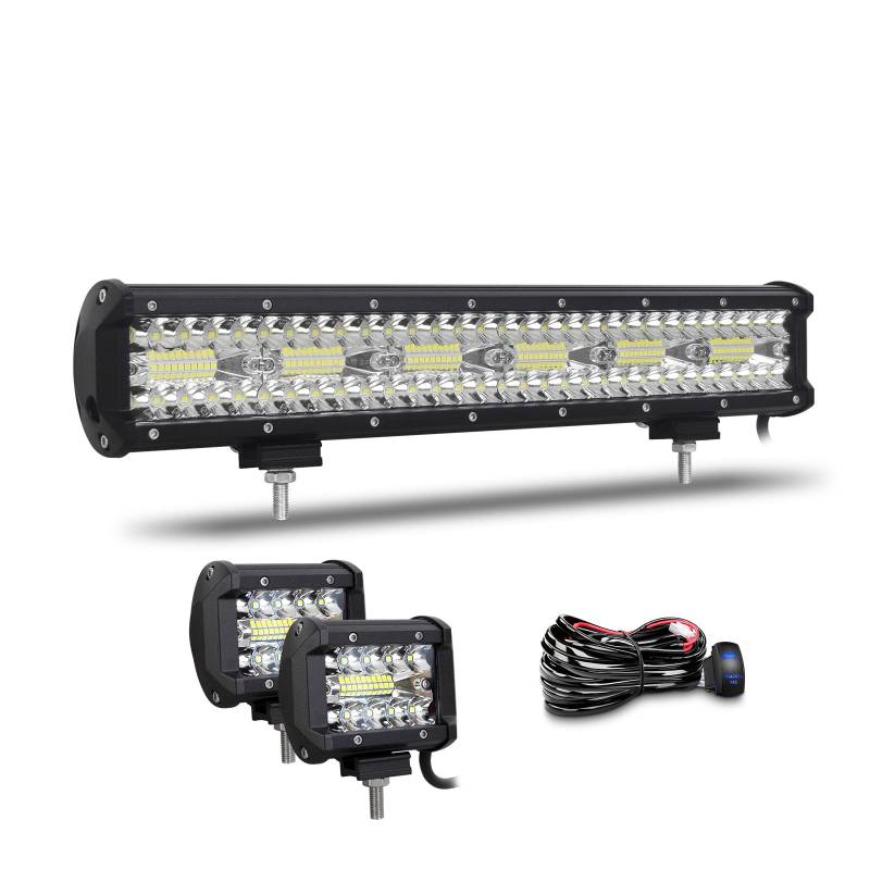 Willpower 17 Zoll 43CM 360W Led Arbeitsscheinwerfer Bar + 4 Zoll 10CM 60W Led Scheinwerfer + Kabelbaum 12V 24V Flutlicht Spot Led Bar für Offroad Auto Traktor Zusatzscheinwerfer Rückfahrscheinwerfer von Willpower