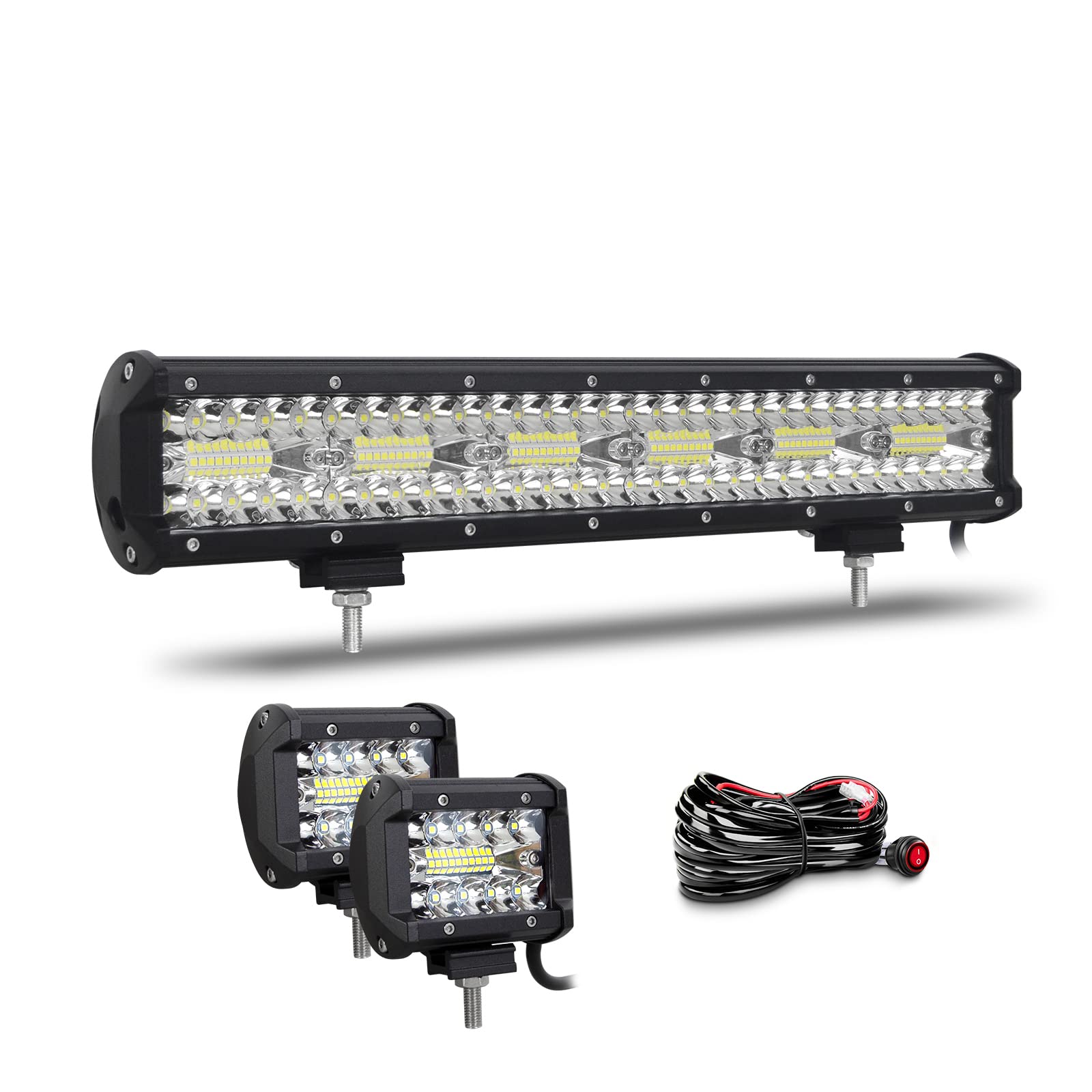 Willpower 17 Zoll 43CM 360W Led Arbeitsscheinwerfer Bar + 4 Zoll 10CM 60W Led Scheinwerfer + Kabelbaum 12V 24V Flutlicht Spot Led Bar für Offroad Auto Traktor Zusatzscheinwerfer Rückfahrscheinwerfer von Willpower