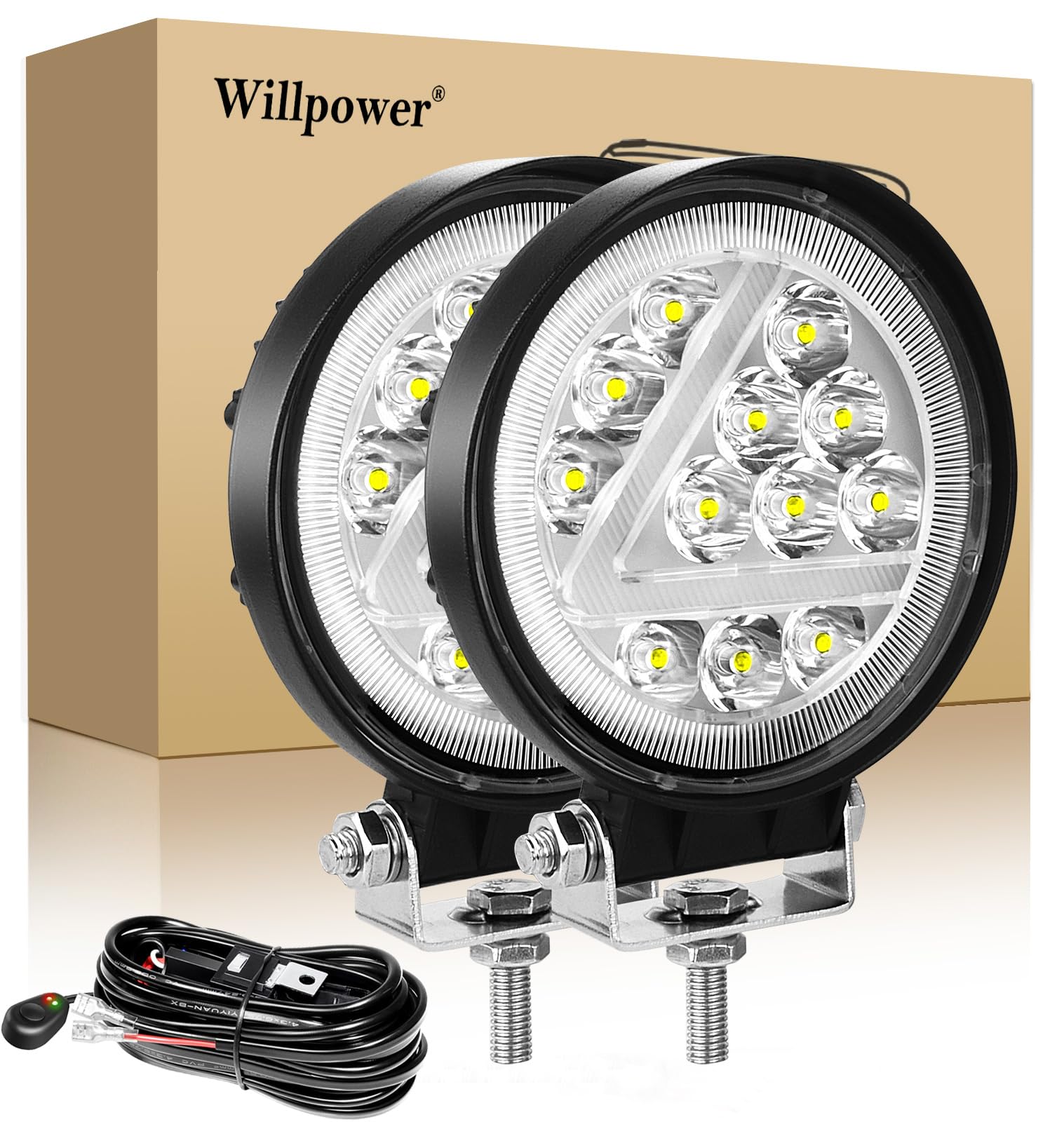 Willpower 2 Pcs LED Arbeitsscheinwerfer mit Kabelsatz, 4 Zoll 36W led fernscheinwerfer, Led Scheinwerfer 12v für Auto Bagger Anhänger Traktoren LKW SUV offroad von Willpower