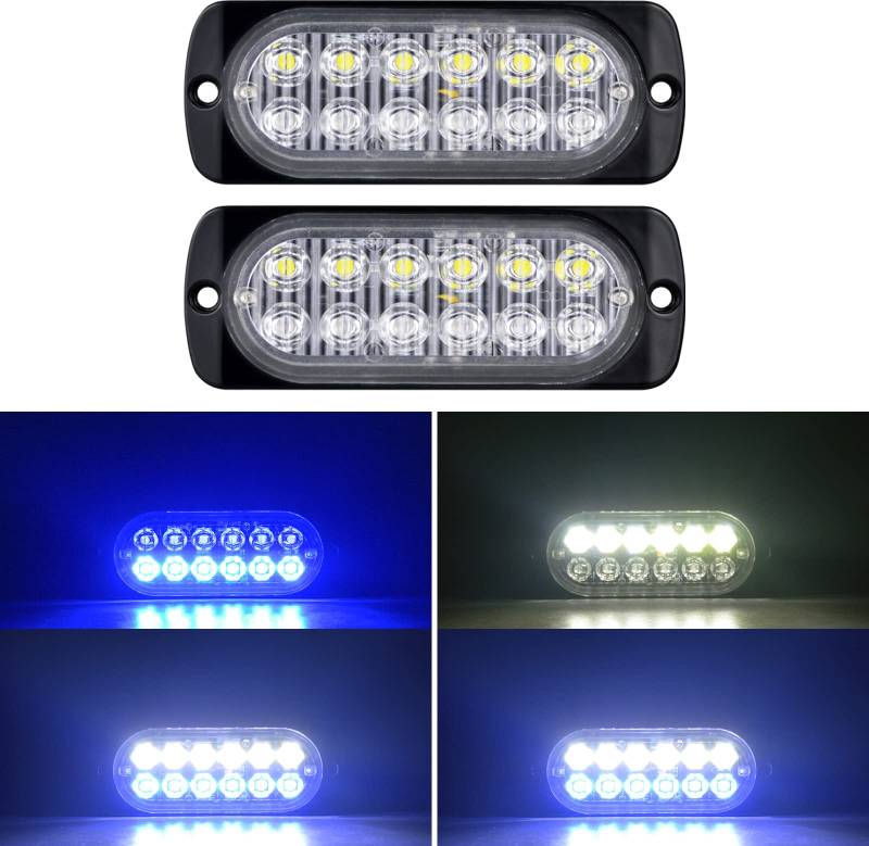 Willpower 2 Stück 12 LED Stroboskoplicht, Notfall, Blau, Weiß, Seitenmarkierungsleuchten, Auto, 12 V, 24 V, LED-Lichtleiste, Blinklicht, Sicherheit für Anhänger, Nutzfahrzeuge, Boote, Traktor, von Willpower