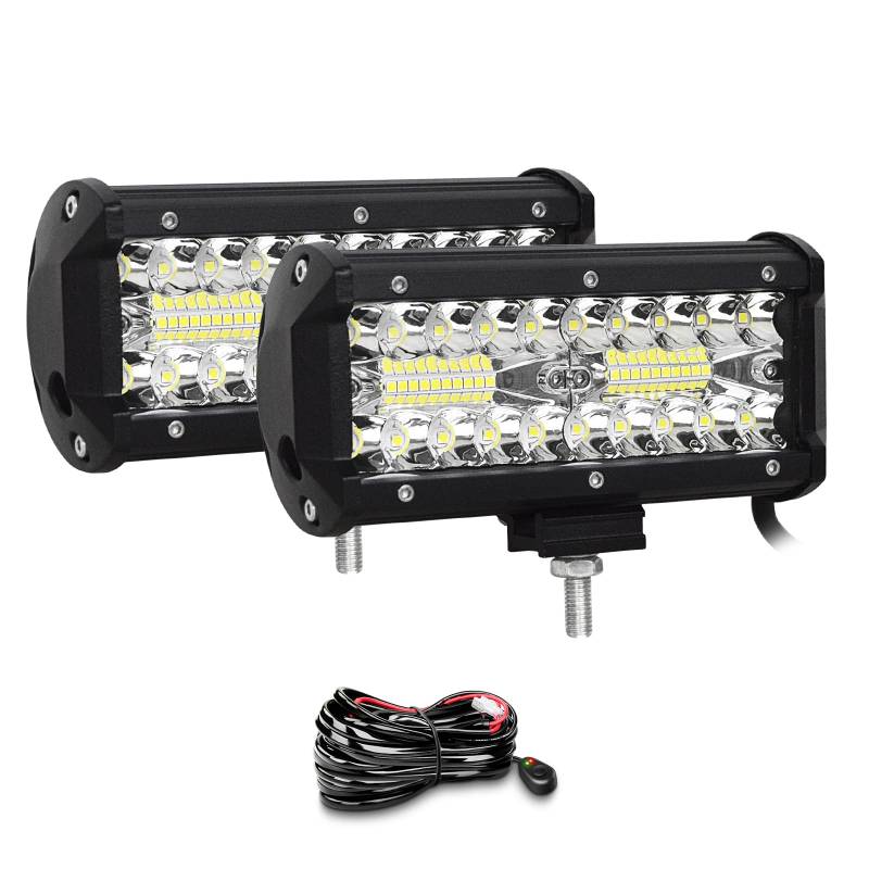 Willpower 2 Stück 18 cm 120 W LED-Lichtleiste Spot Flutlicht 12 V 24 V Fahren Off-Road-Lichter Wasserdicht Arbeit Nebelscheinwerfer für 4 x 4 Offroad LKW Auto ATV SUV Fahrzeug Boot Licht mit Kabelbaum von Willpower