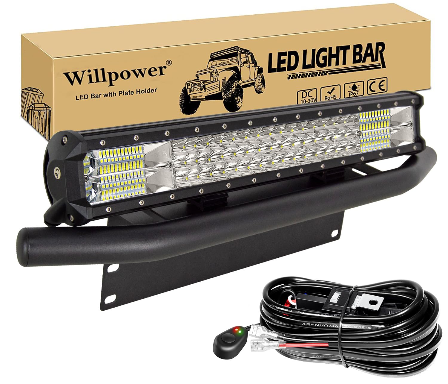 Willpower 20 Zoll 288W LED Arbeitsscheinwerfer Bar mit vorderer Nummernschild-Montagehalterung und Kabelsatz, Led Scheinwerfer 12v für Auto Bagger Anhänger Traktoren LKW SUV Offroad von Willpower