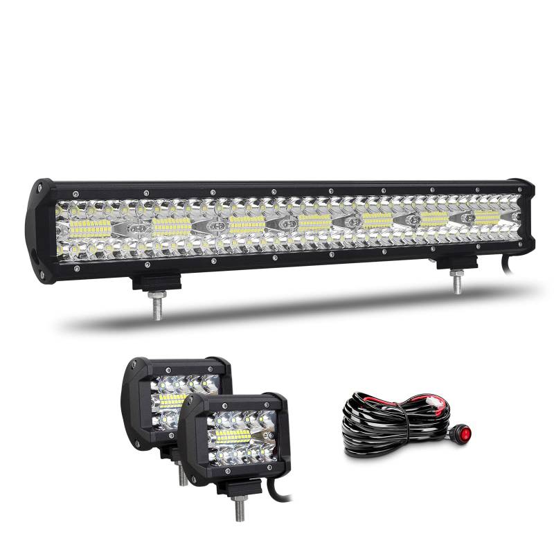 Willpower 20 Zoll 51CM 420W Led Arbeitsscheinwerfer Bar + 4 Zoll 10CM 60W Led Scheinwerfer + Kabelbaum 12V 24V Flutlicht Spot Led Bar für Offroad Auto Traktor Zusatzscheinwerfer Rückfahrscheinwerfer von Willpower