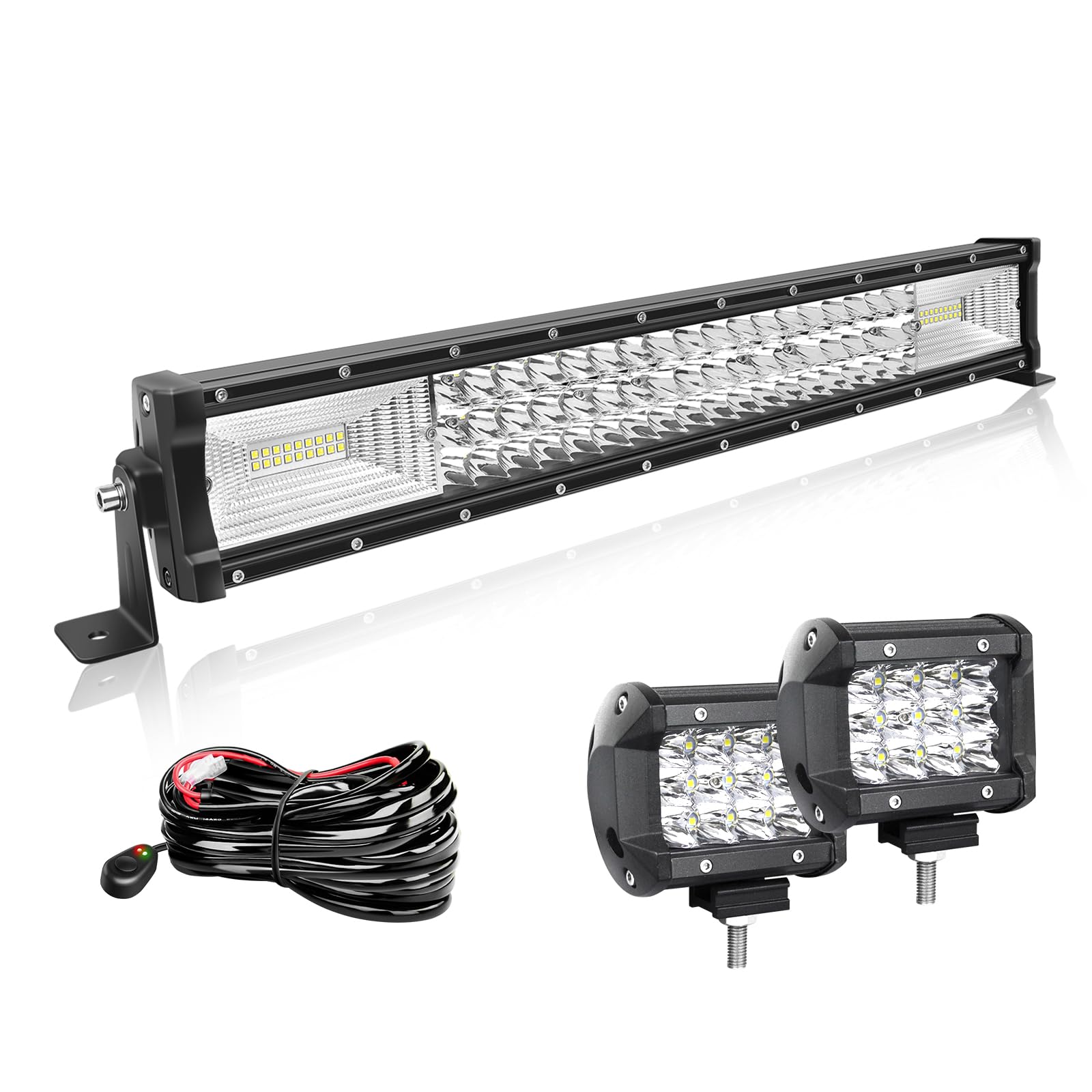 Willpower 22 Zoll 56CM 270W Led Arbeitsscheinwerfer Bar Gebogen + 2pcs 4 Zoll 36W Led Scheinwerfer + Kabelbaum 12V 24V LED Bar für Offroad Auto Traktor Zusatzscheinwerfer Rückfahrscheinwerfer Lightbar von Willpower