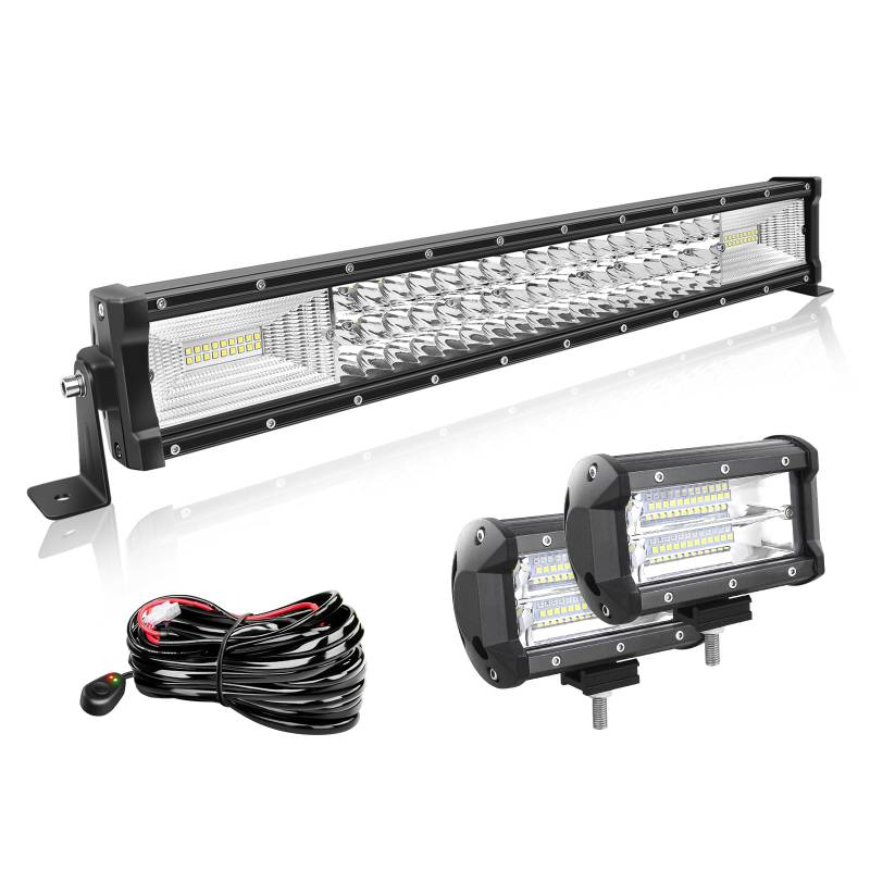 Willpower 22 Zoll 56CM 270W Led Arbeitsscheinwerfer Bar Gebogen + 2pcs 5 Zoll 72W Led Scheinwerfer + Kabelbaum 12V 24V LED Bar für Offroad Auto Traktor Zusatzscheinwerfer Rückfahrscheinwerfer Lightbar von Willpower