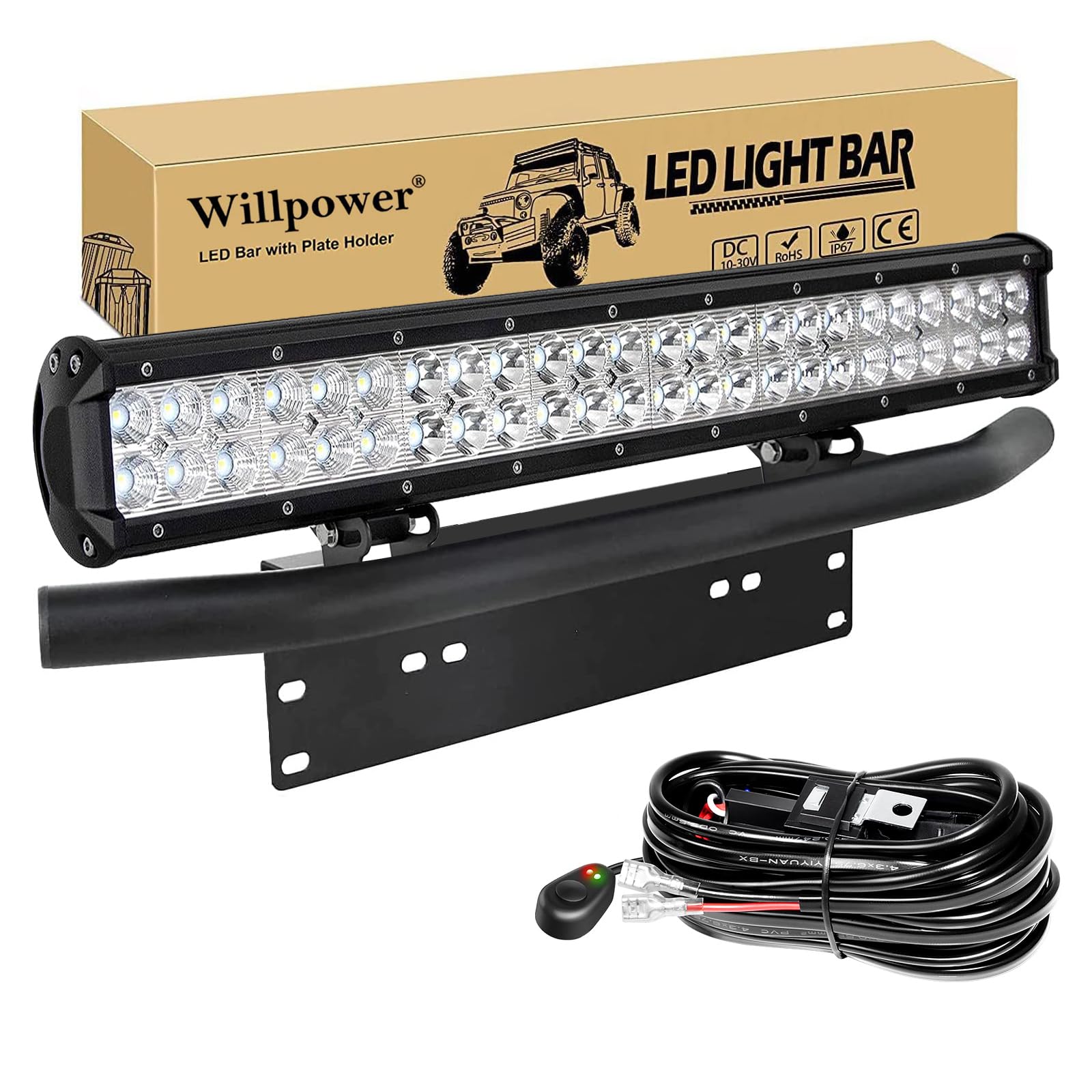 Willpower 23 Zoll 144W LED Arbeitsscheinwerfer Bar mit vorderer Nummernschild-Montagehalterung und Kabelsatz, Led Scheinwerfer 12v für Auto Bagger Anhänger Traktoren LKW SUV Offroad von Willpower