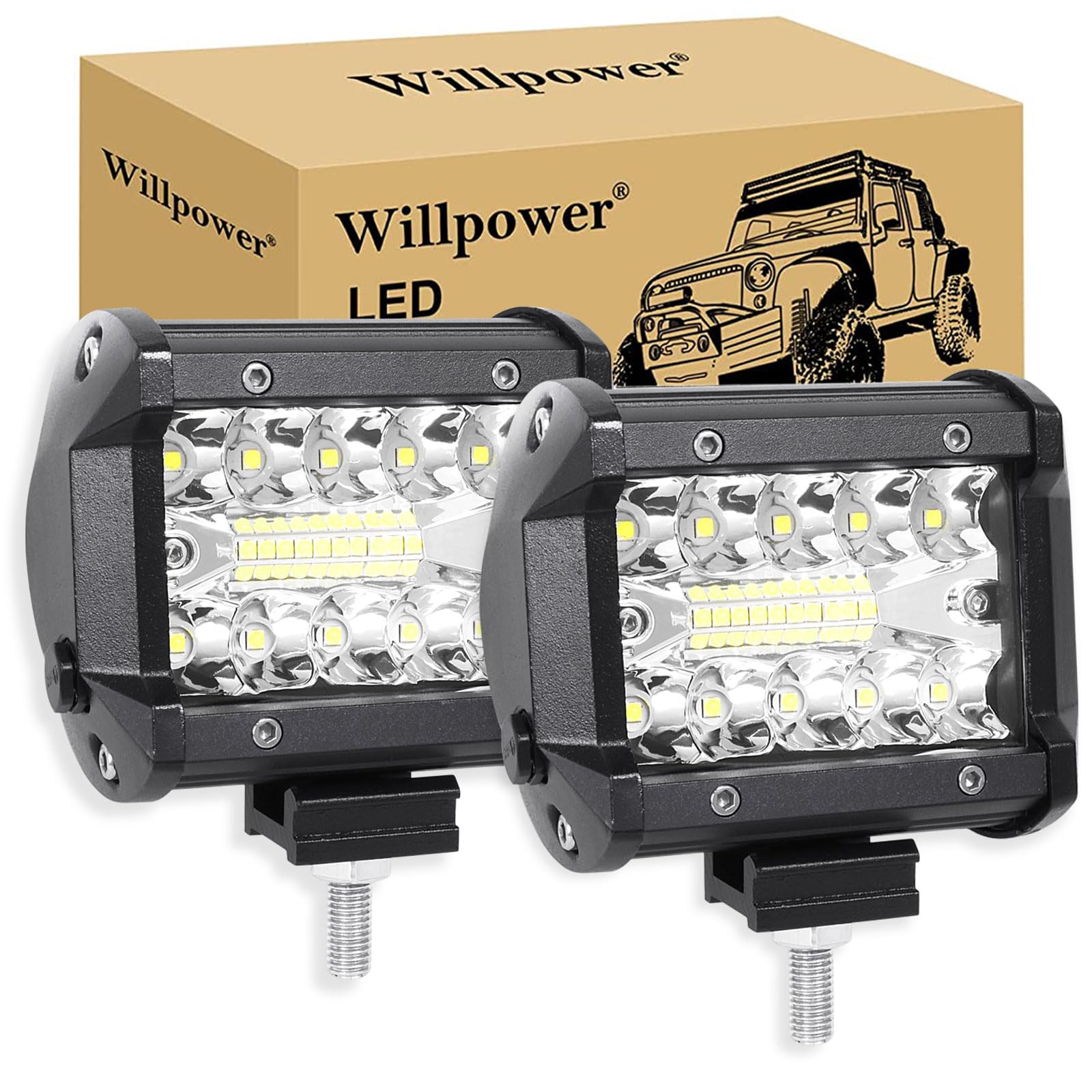 Willpower 2Pcs 4 Zoll 60W LED Arbeitsscheinwerfer Bar, led Balken für Auto Bagger Anhänger Traktoren LKW SUV Offroad von Willpower