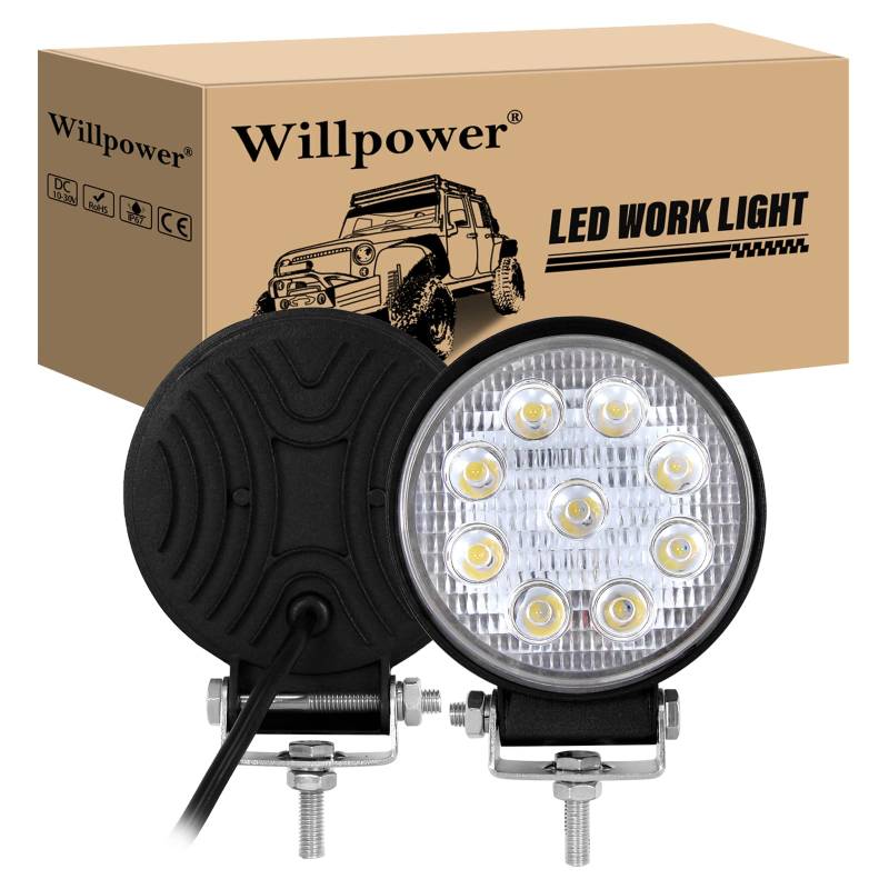 Willpower 2pc LED Scheinwerfer 4" 10cm 27W LED Arbeitsscheinwerfer 12V 24V Flutlicht Zusatzscheinwerfer Auto Rückfahrscheinwerfer Led Wasserdicht für Offroad Traktor SUV ATV Rund von Willpower