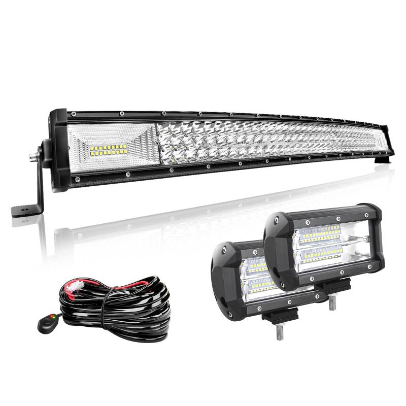 Willpower 32 Zoll 81CM 405W Led Arbeitsscheinwerfer Bar Gebogen + 2pcs 5 Zoll 72W Led Scheinwerfer + Kabelbaum 12V 24V LED Bar für Offroad Auto Traktor Zusatzscheinwerfer Rückfahrscheinwerfer Lightbar von Willpower